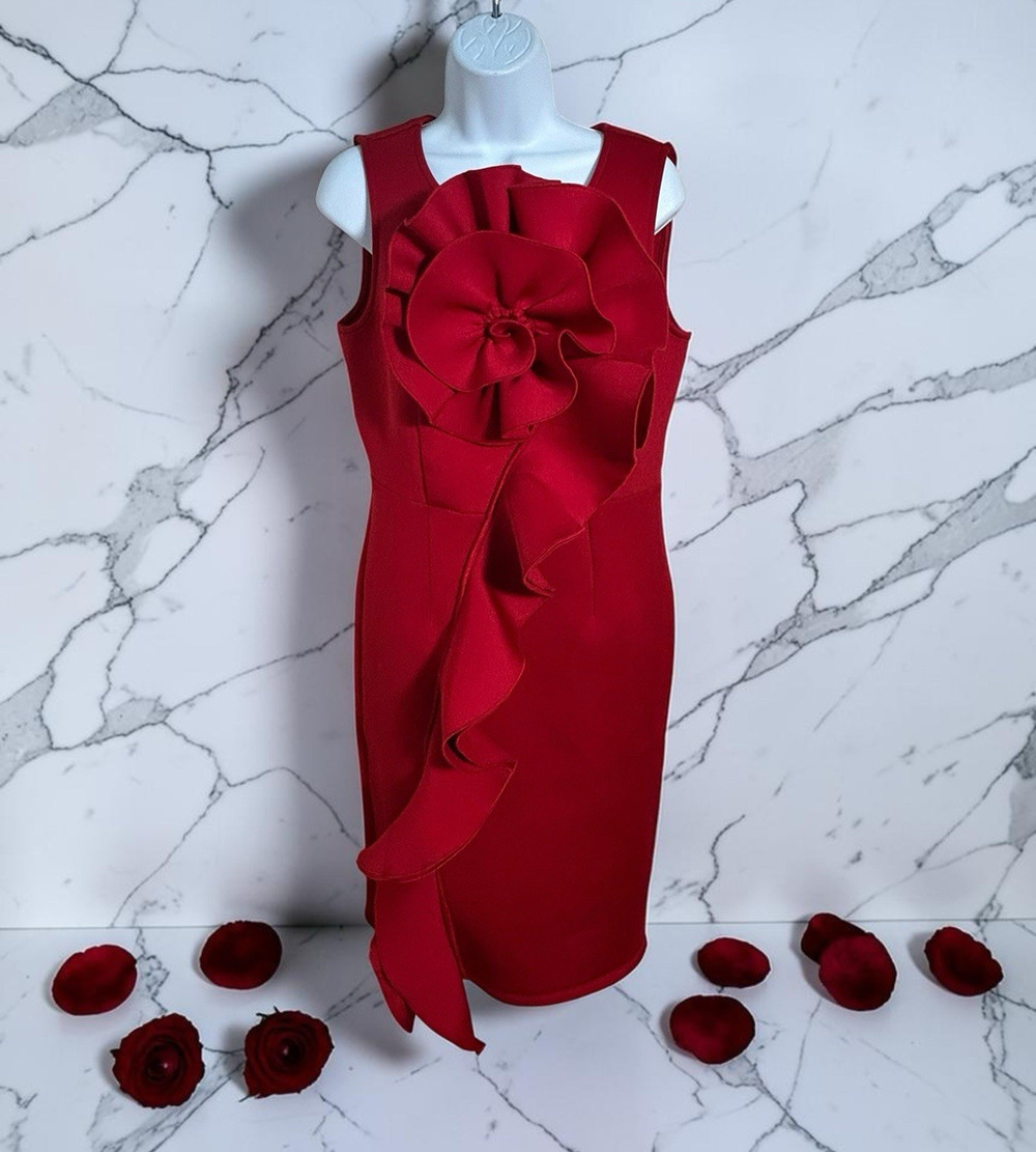 Nina Leonard Red Rosette Sheath Dress Sz M Sleeveless Stretch Formal Knee Length